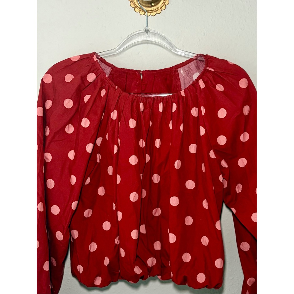 Maeve Anthropologie Small Red Pink Polka Dot Balloon Sleeve Blouse - Picture 2 of 5